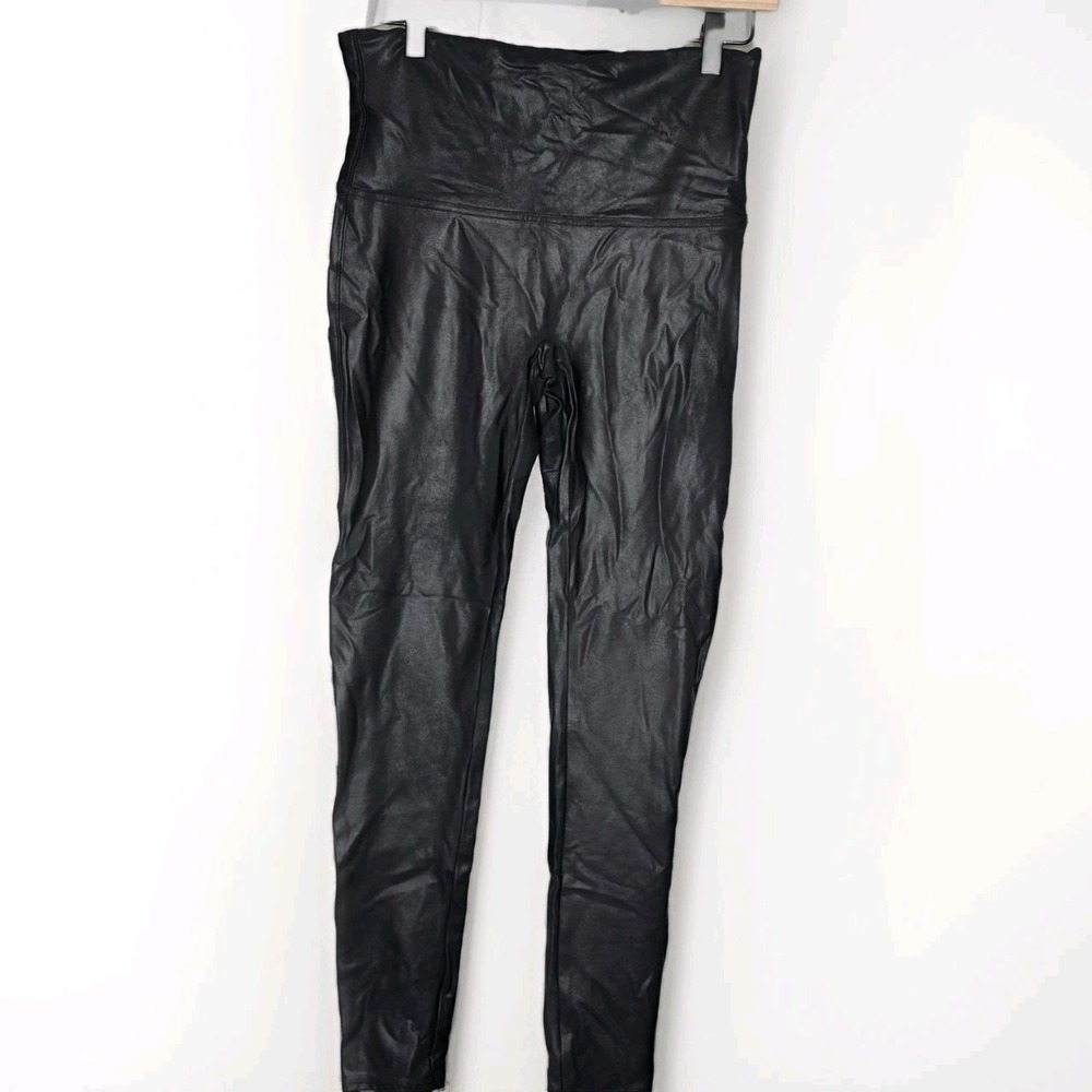 SPANX Faux Leather Black Wet Look High Waisted Leggings Size XL Sleek Moto Rock